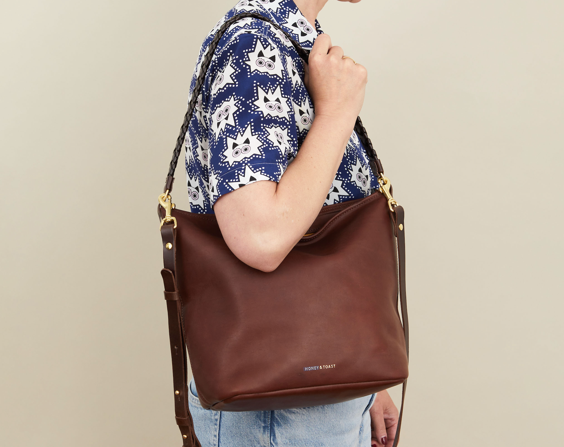 Honey and Toast leather shoulder bag in damson grainy leather