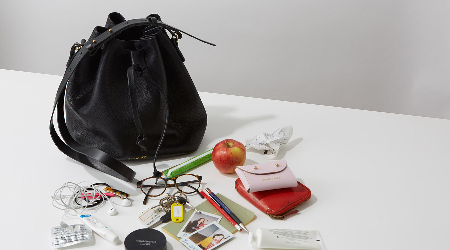 Honey and Toast black leather bucket bag