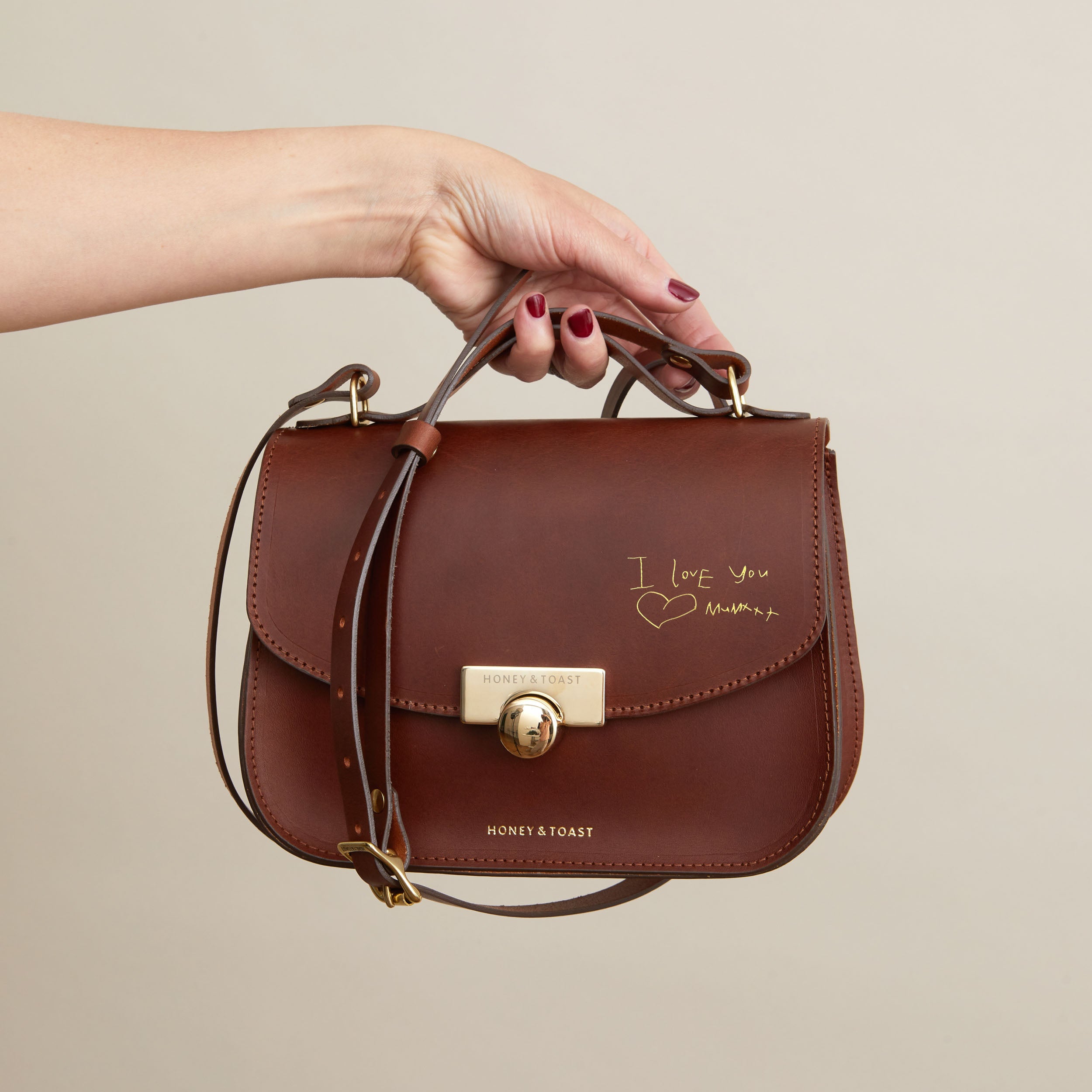 Honey and Toast women's leather handbag Ava satchel conker including personalisation