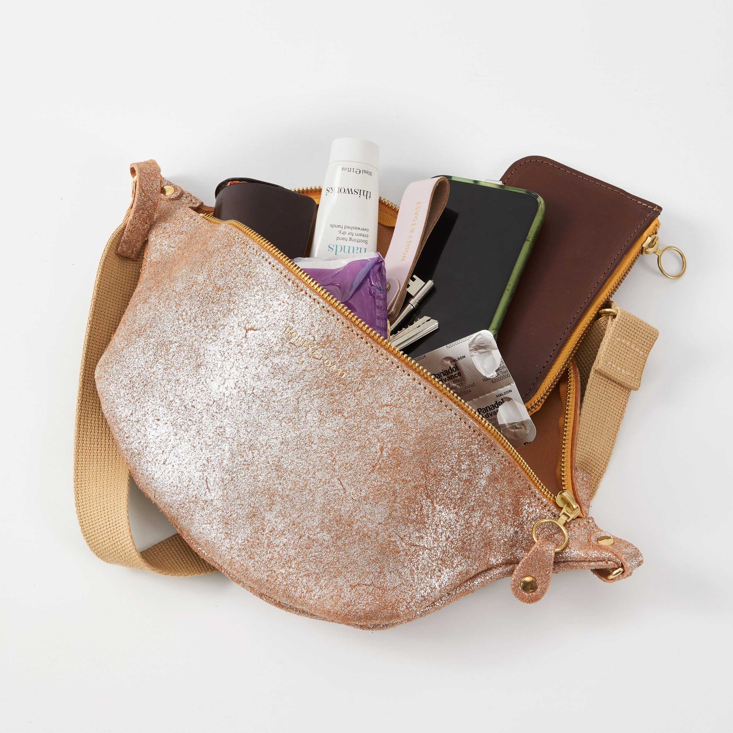 Honey and Toast women's leather handbag Frances sling bag warm silver