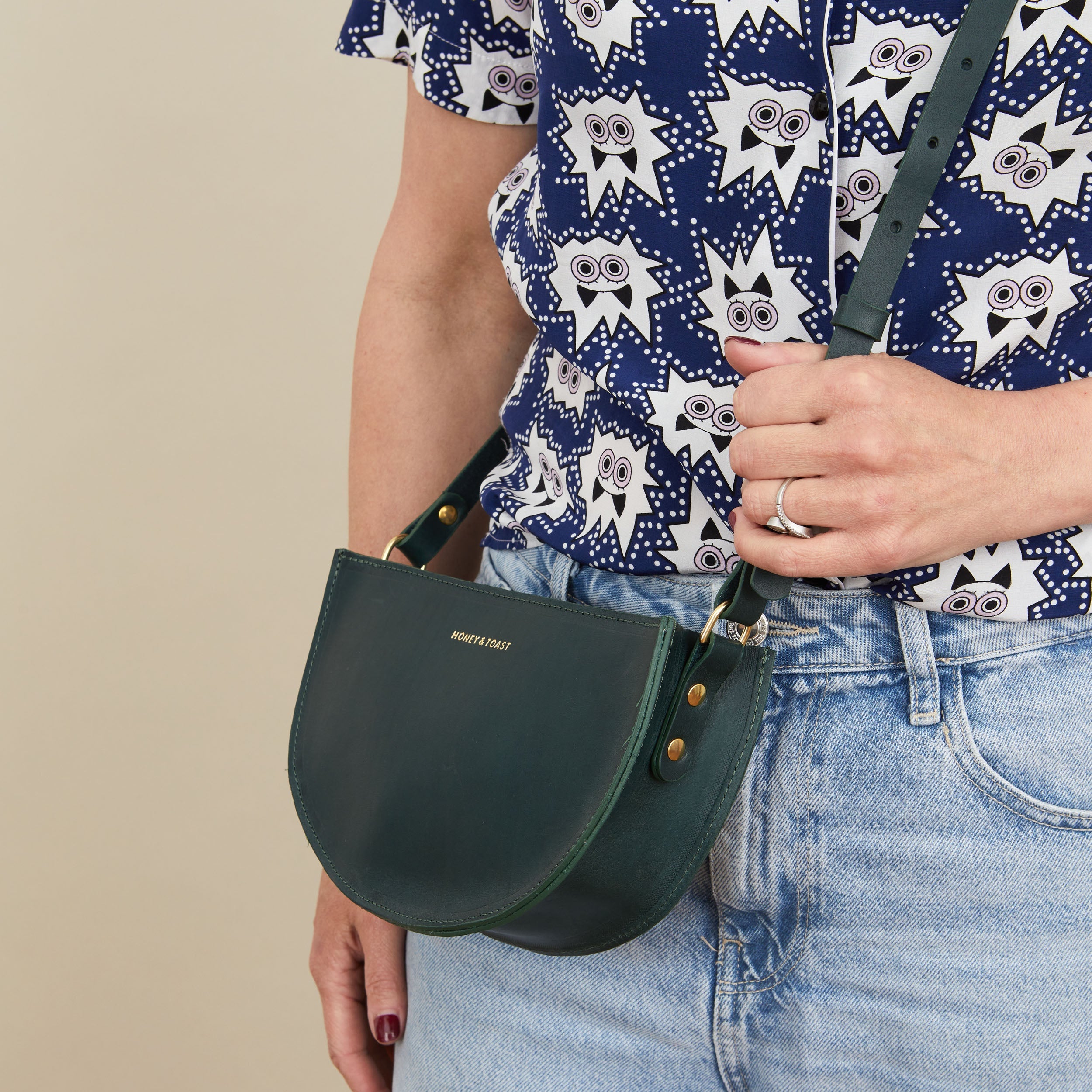 Honey and Toast women's leather handbag Half moon bag pine