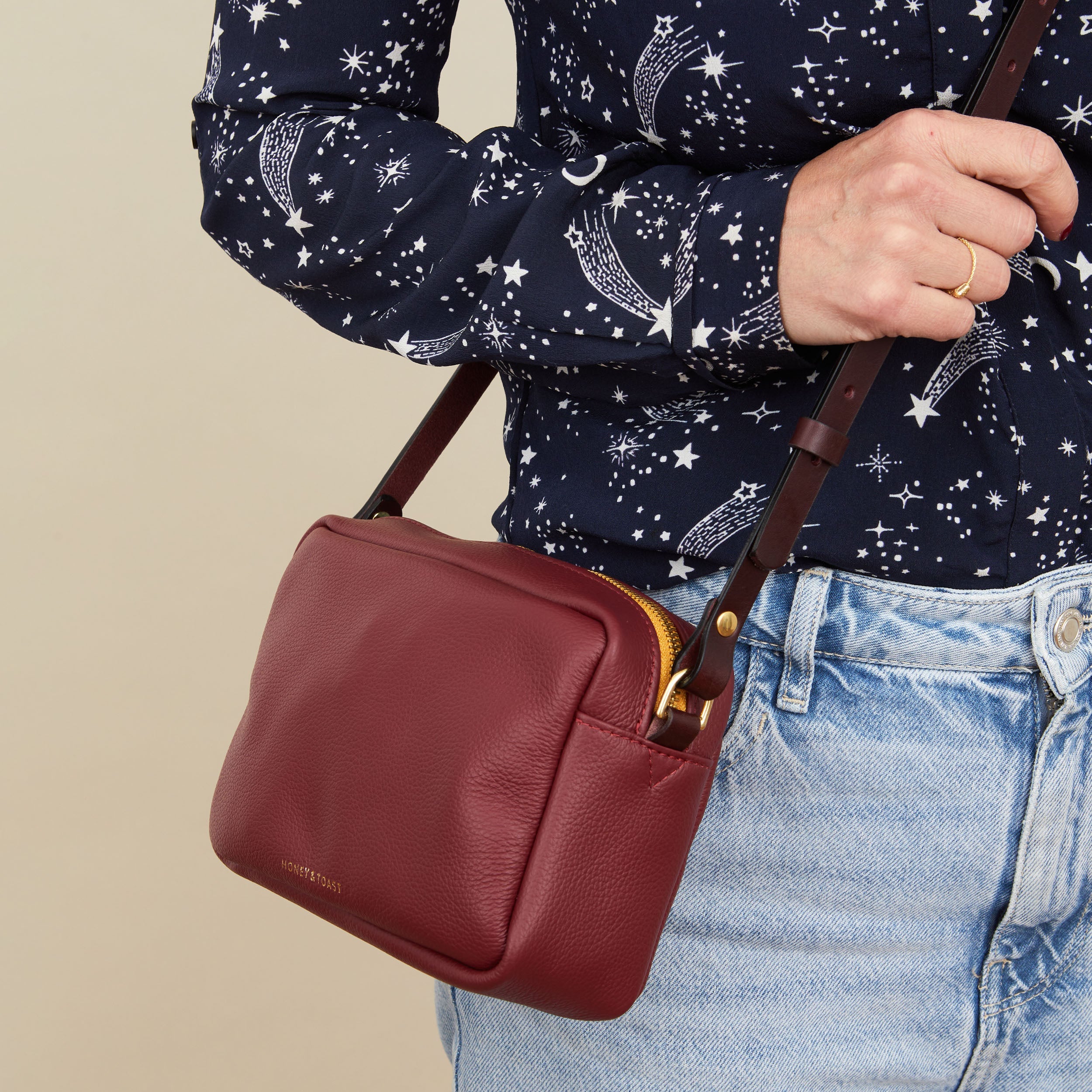 Honey and Toast women's leather handbag Katie zip camera bag damson