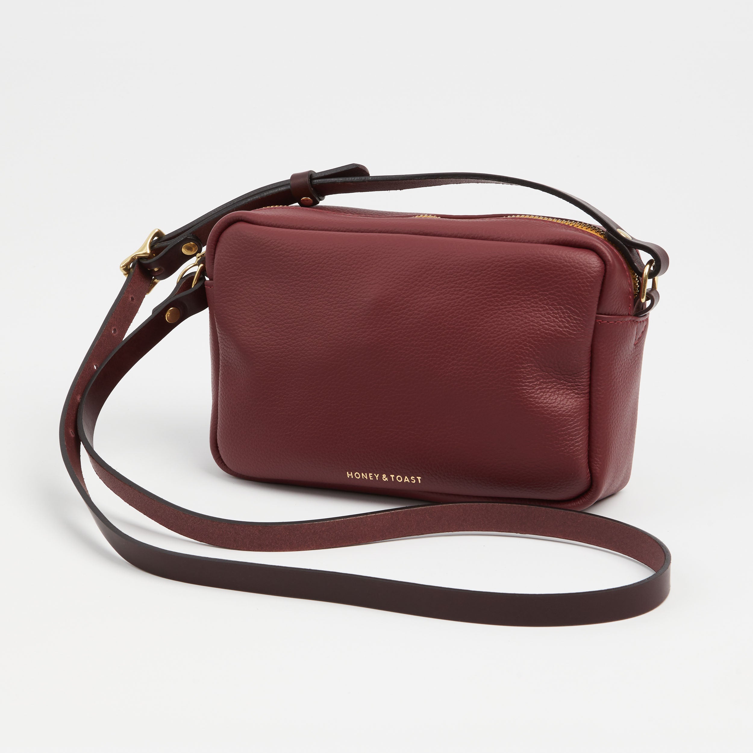 Honey and Toast women's leather handbag Katie zip camera bag damson