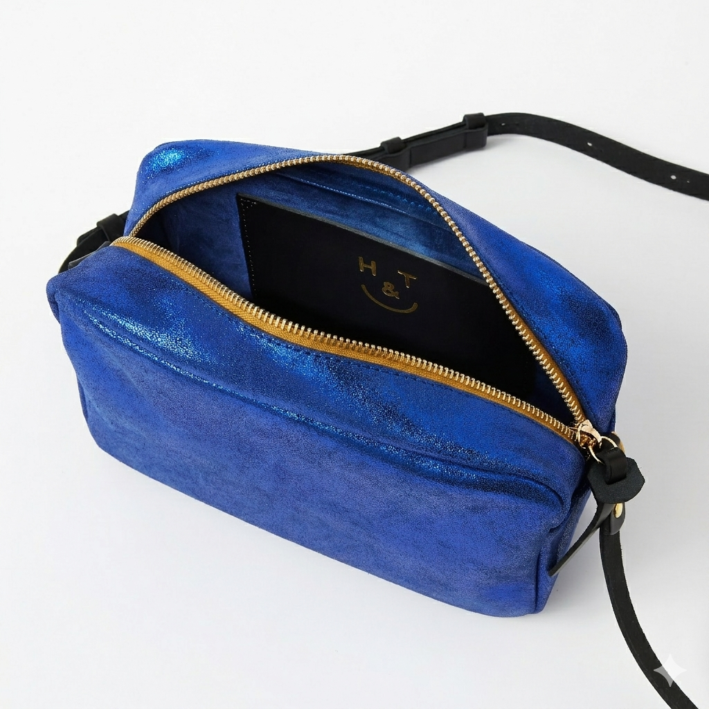 Honey and Toast women's leather handbag Katie zip camera bag metallic cobalt blue