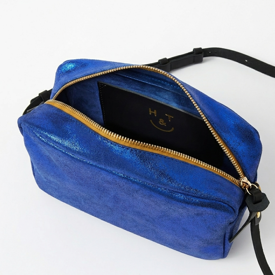 Honey and Toast women's leather handbag Katie zip camera bag metallic cobalt blue