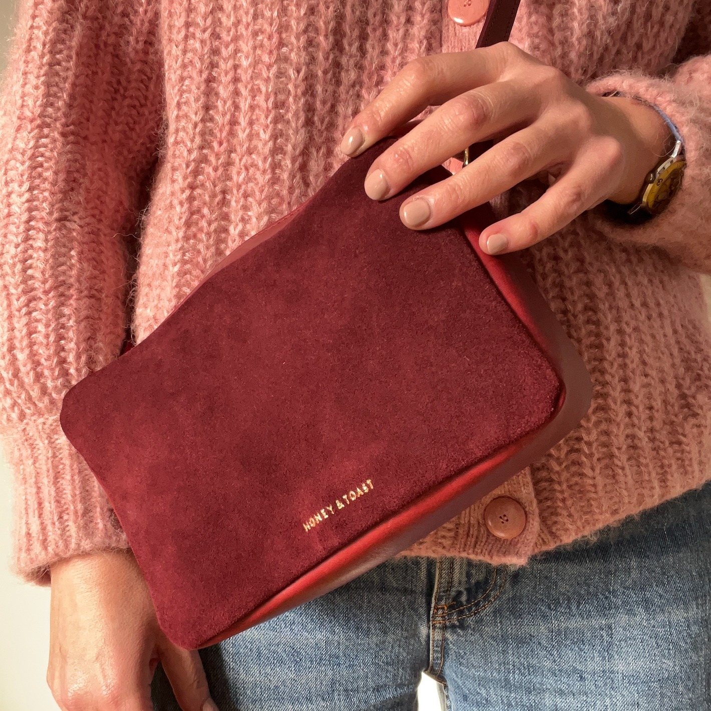 Honey and Toast women's leather handbag Katie zip camera bag raspberry pink suede