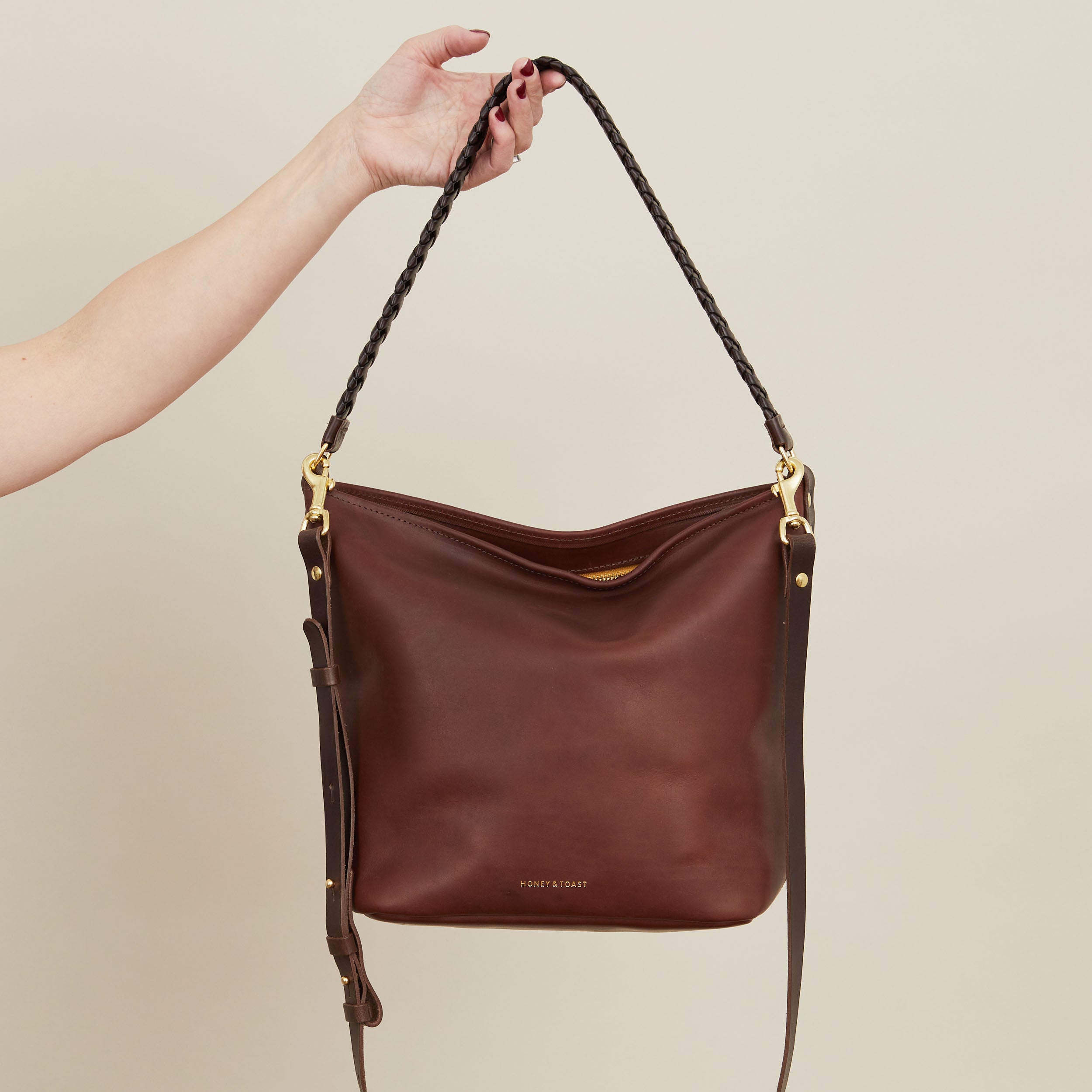 Honey and Toast women's leather handbag Libby hobo shoulder bag conker