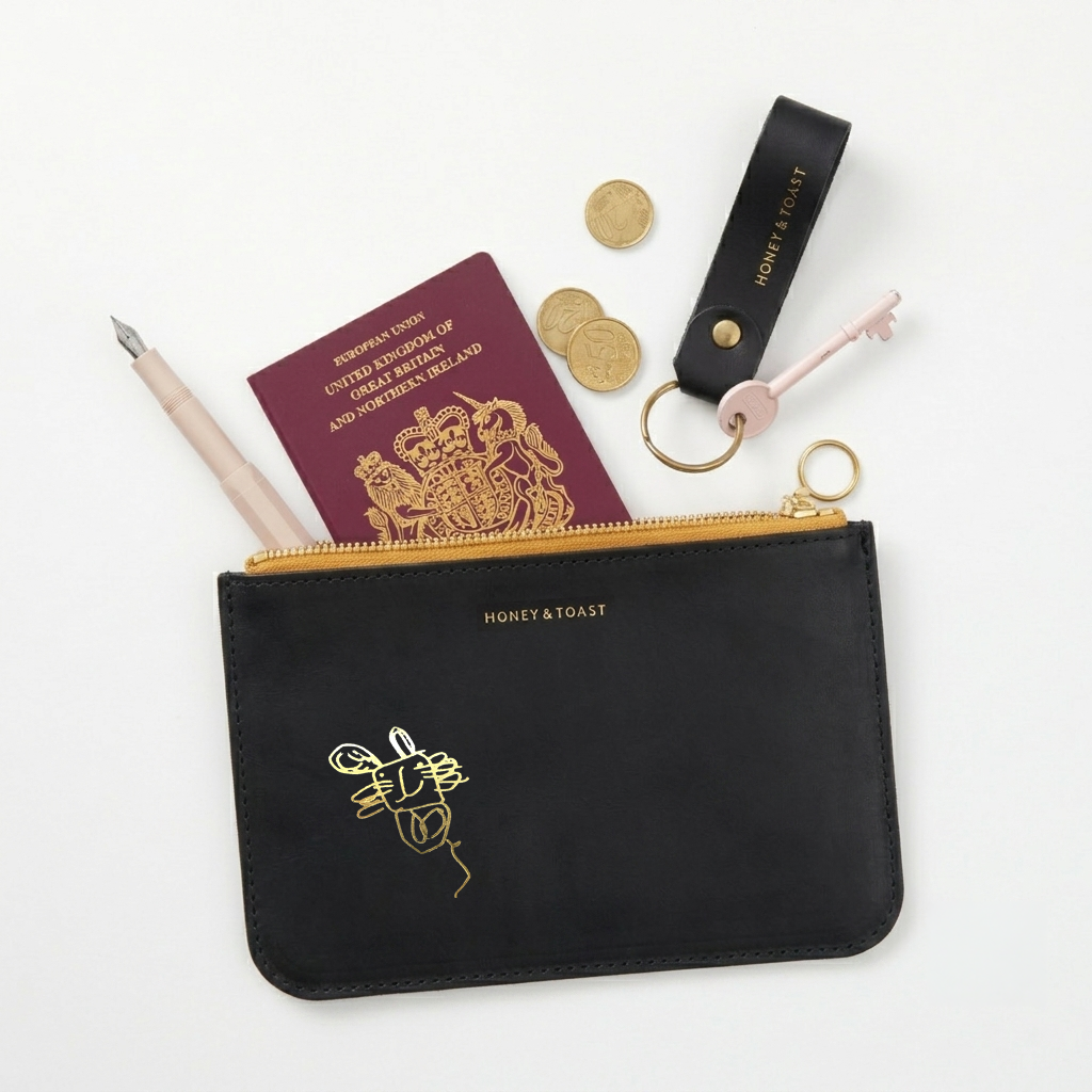 Honey and Toast women's leather purse Bailey zip top pouch black with personalisation