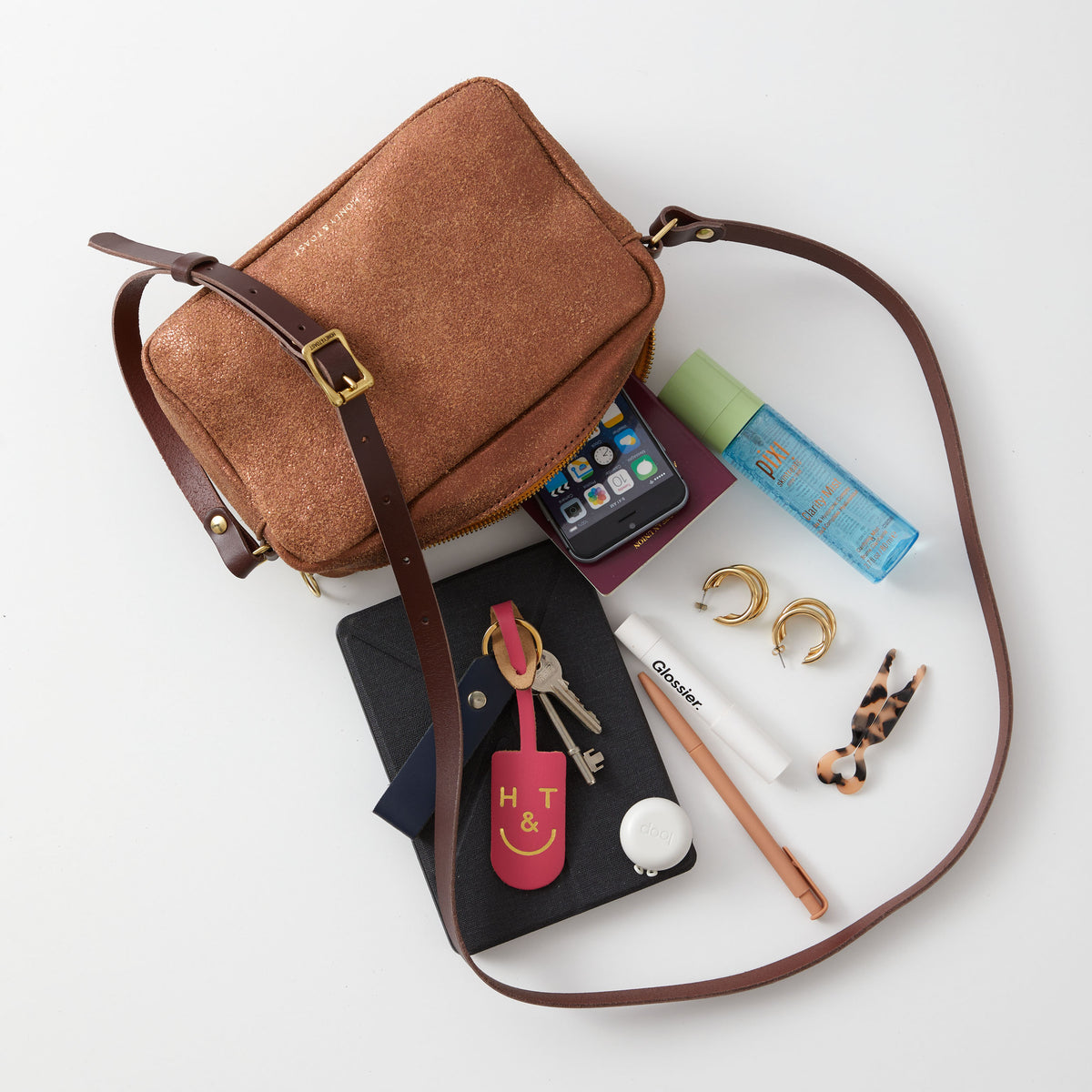 https://www.honeyandtoast.co.uk women's leather handbag Katie zip camera bag metallic bronze