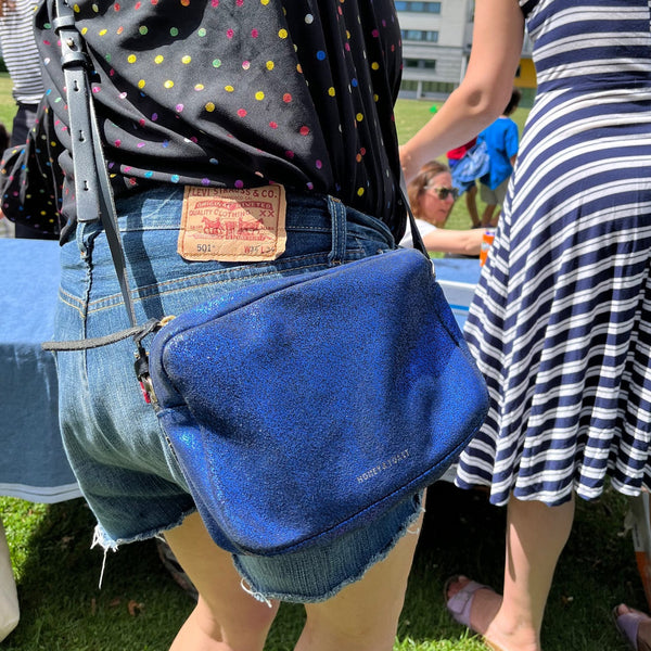 https://www.honeyandtoast.co.uk women's leather handbag Katie zip camera bag metallic cobalt blue