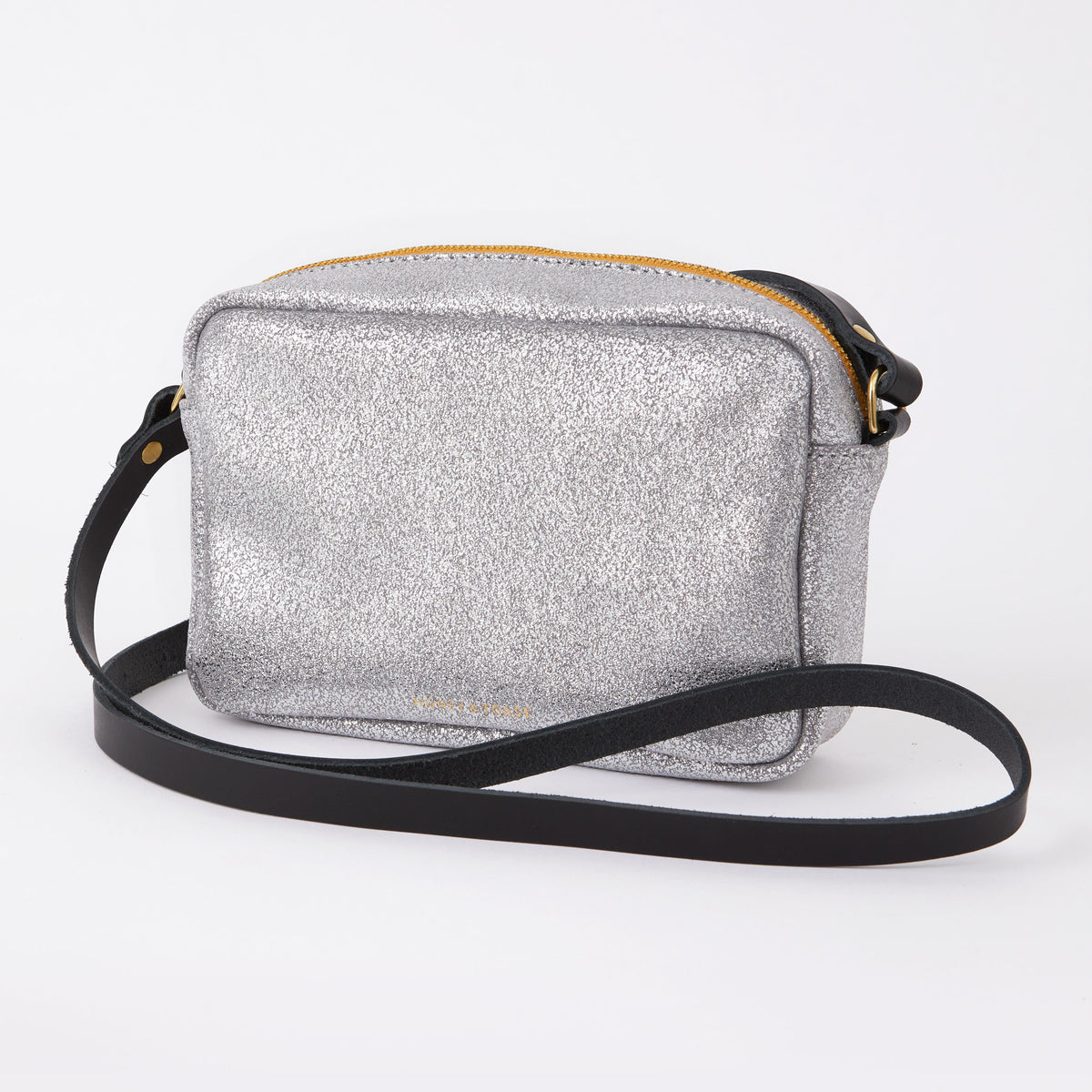 https://www.honeyandtoast.co.uk women's leather handbag Katie zip camera bag metallic silver