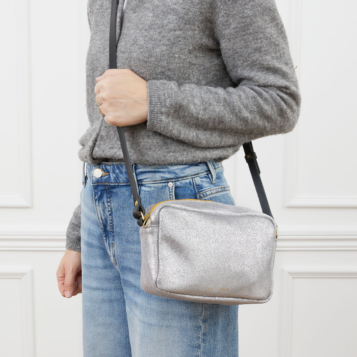 https://www.honeyandtoast.co.uk women's leather handbag Katie zip camera bag metallic silver