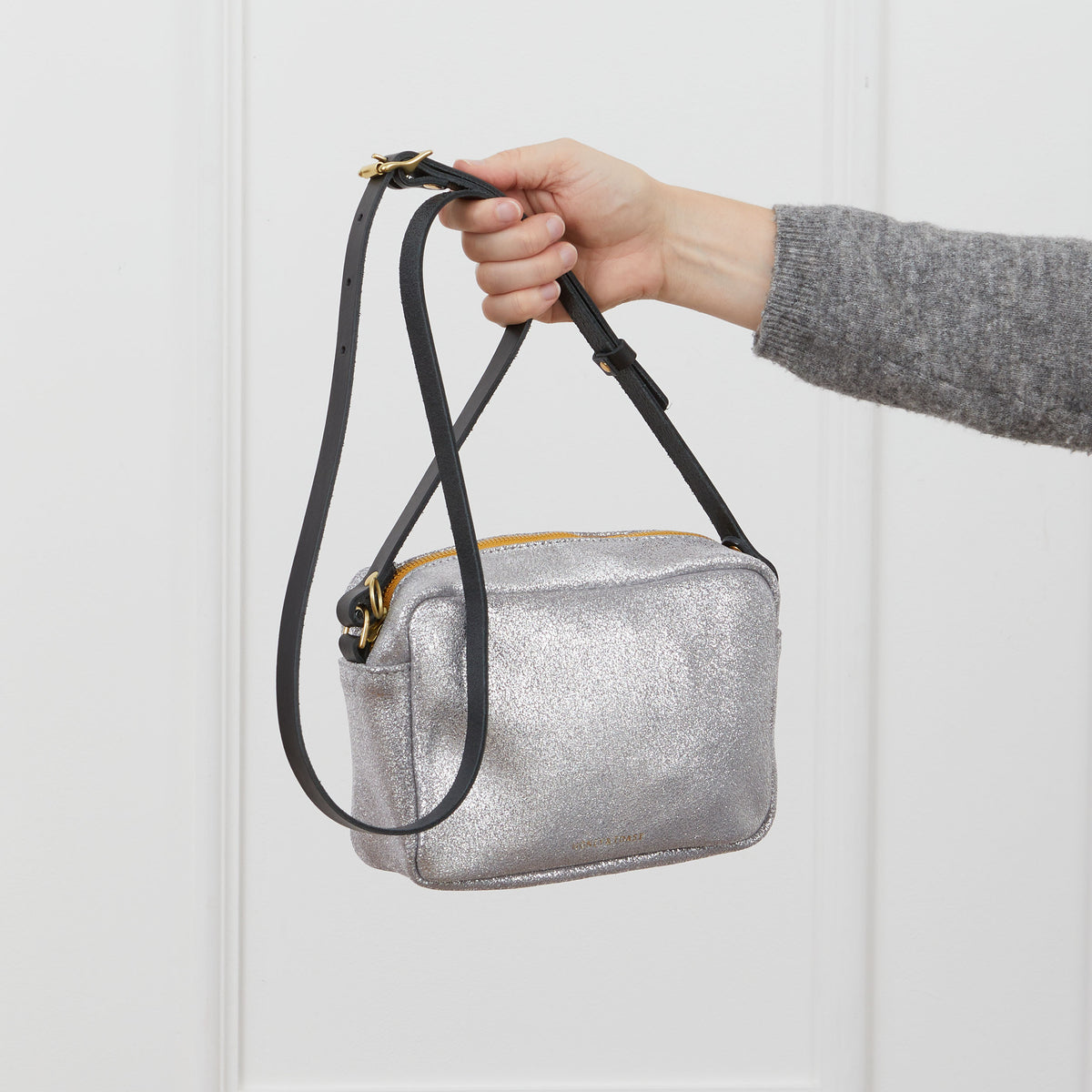 https://www.honeyandtoast.co.uk women's leather handbag Katie zip camera bag metallic silver