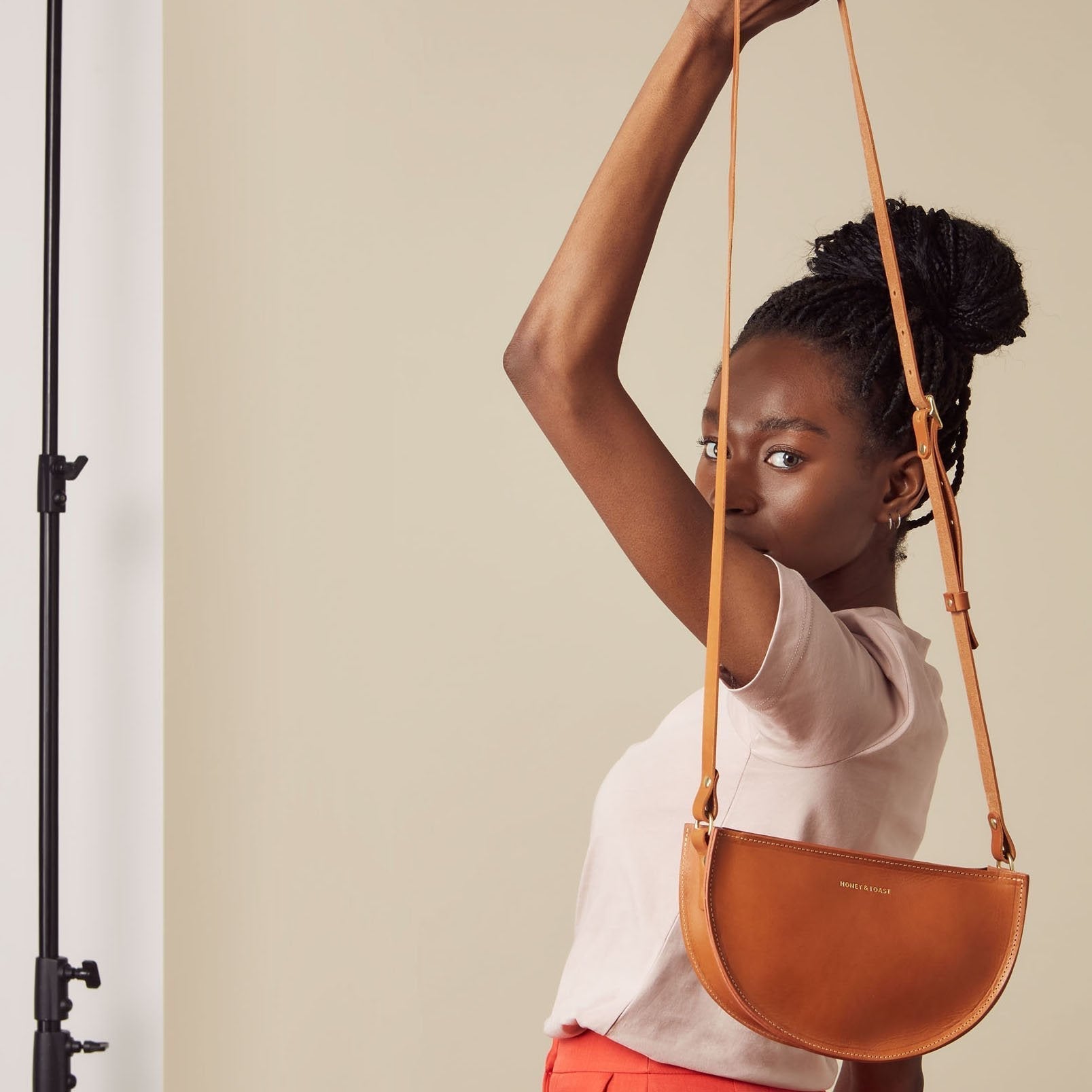 https://www.honeyandtoast.co.uk Half moon bag tan SAMPLE SALE
