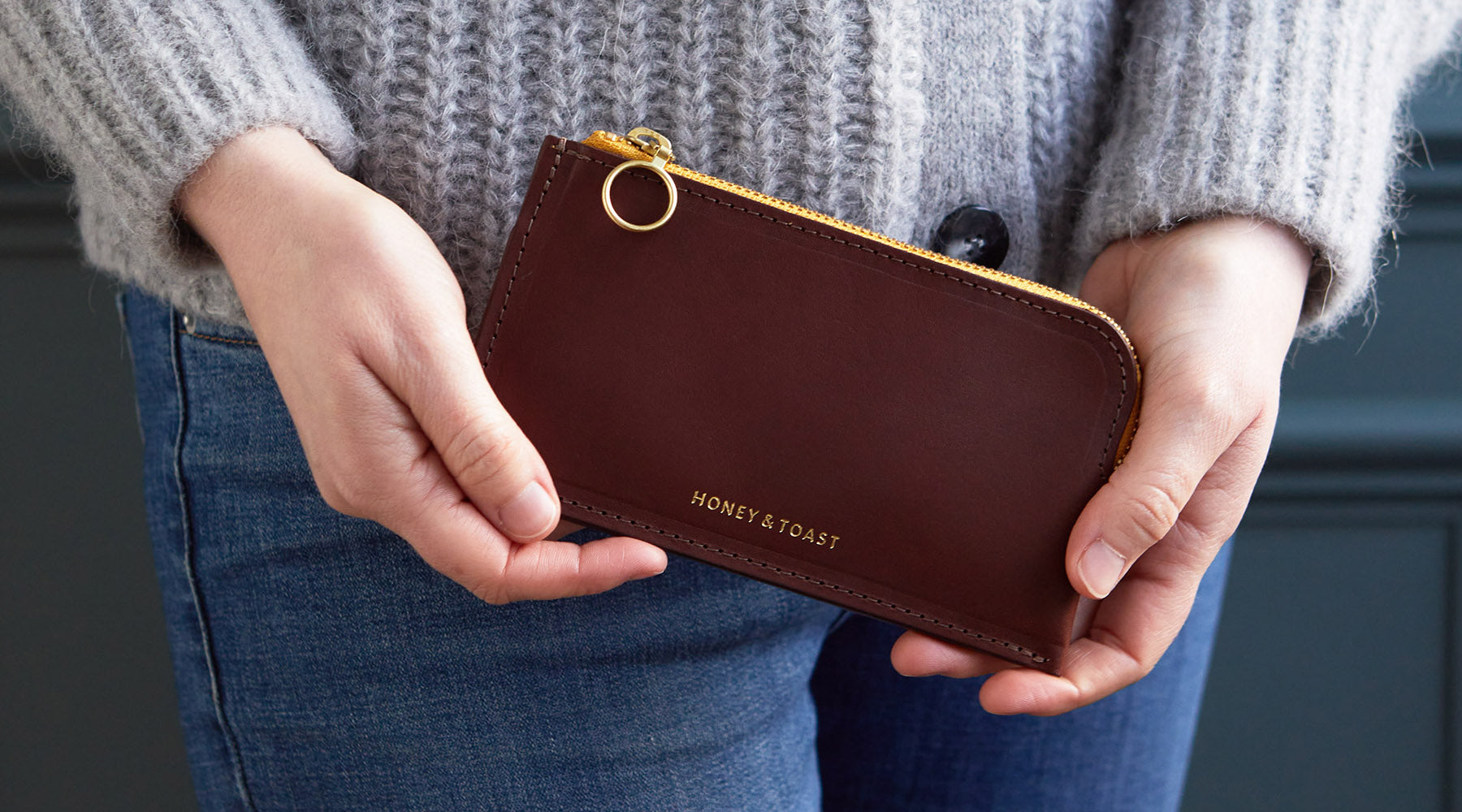 Honey and Toast conker colour leather purse with zipper
