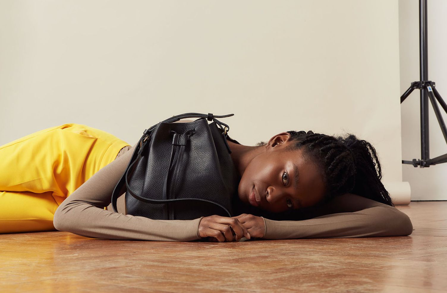 Honey and Toast black leather bucket bag