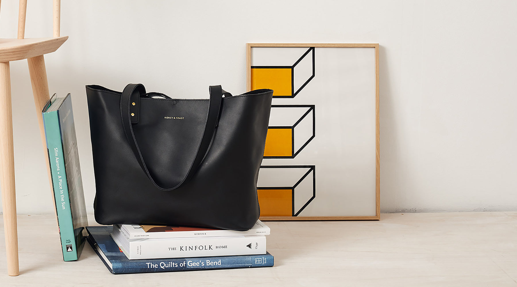 Honey and Toast black leather tote bag