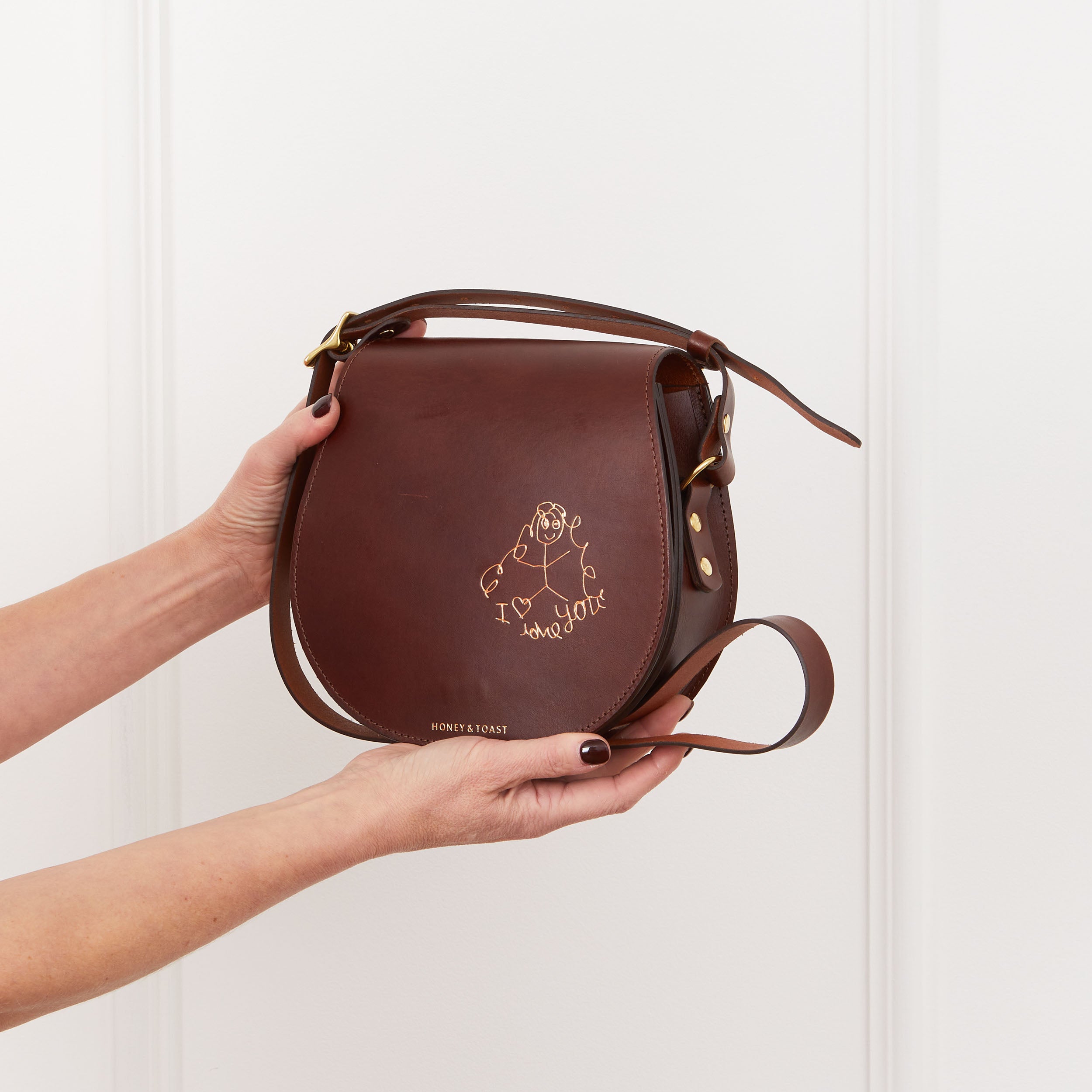 Honey and Toast Leather handbag Etter saddlebag conker personalised