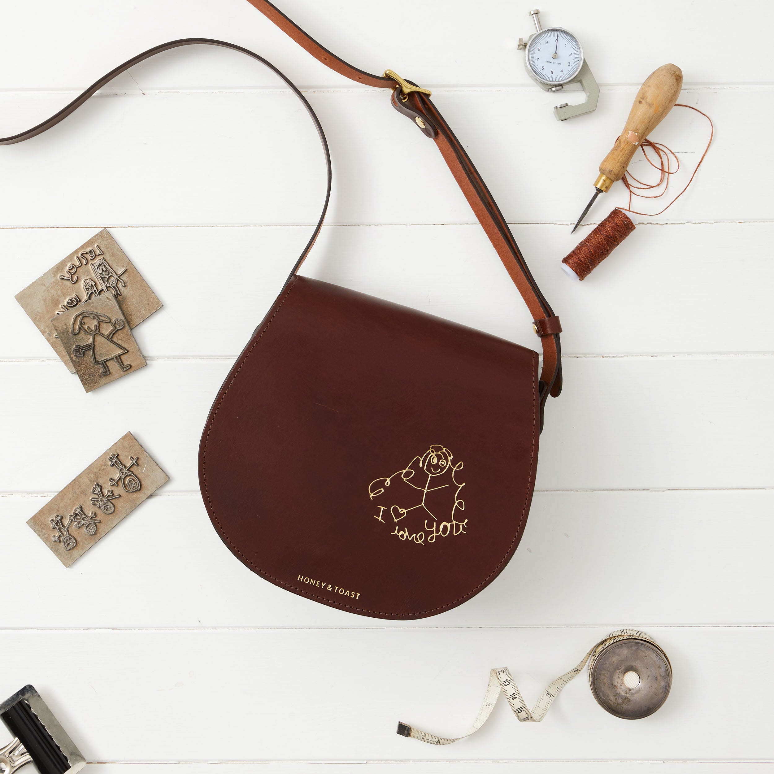Honey and Toast Leather handbag Etter saddlebag conker personalised