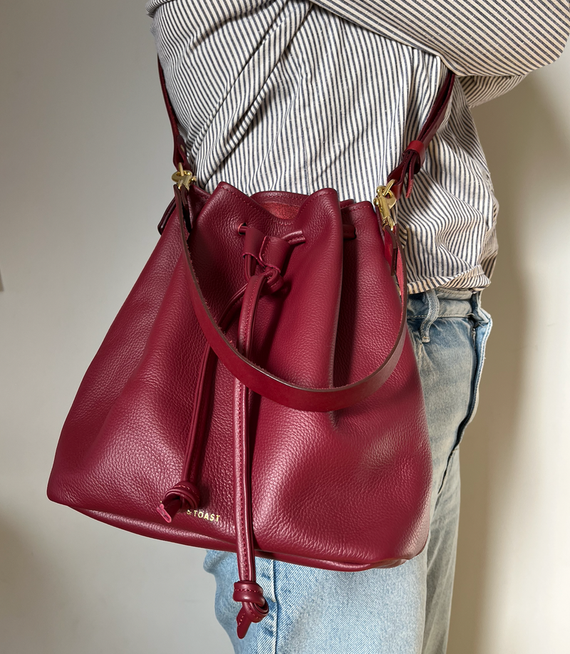 Honey and Toast Leather handle for handbag Anna bucket bag grab handle damson