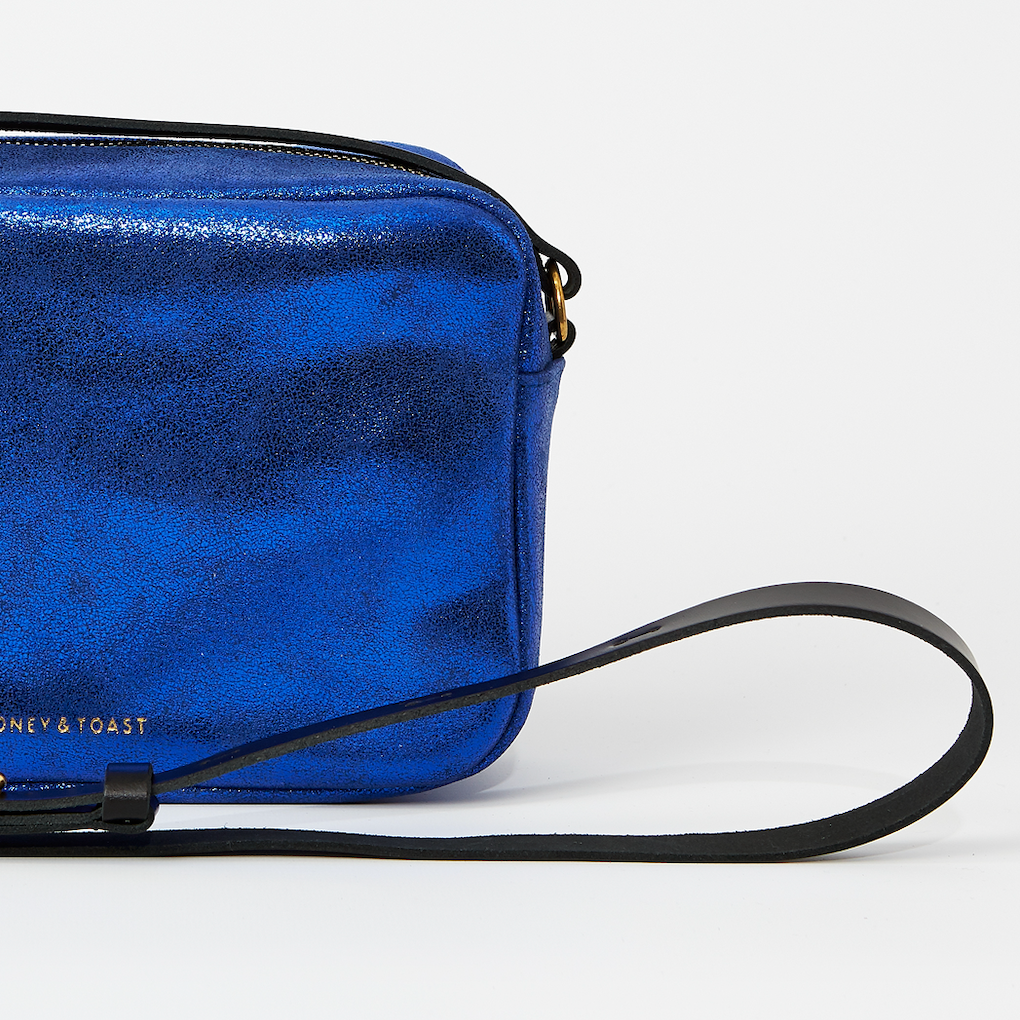 Honey and Toast women's leather handbag Katie zip camera bag metallic cobalt blue