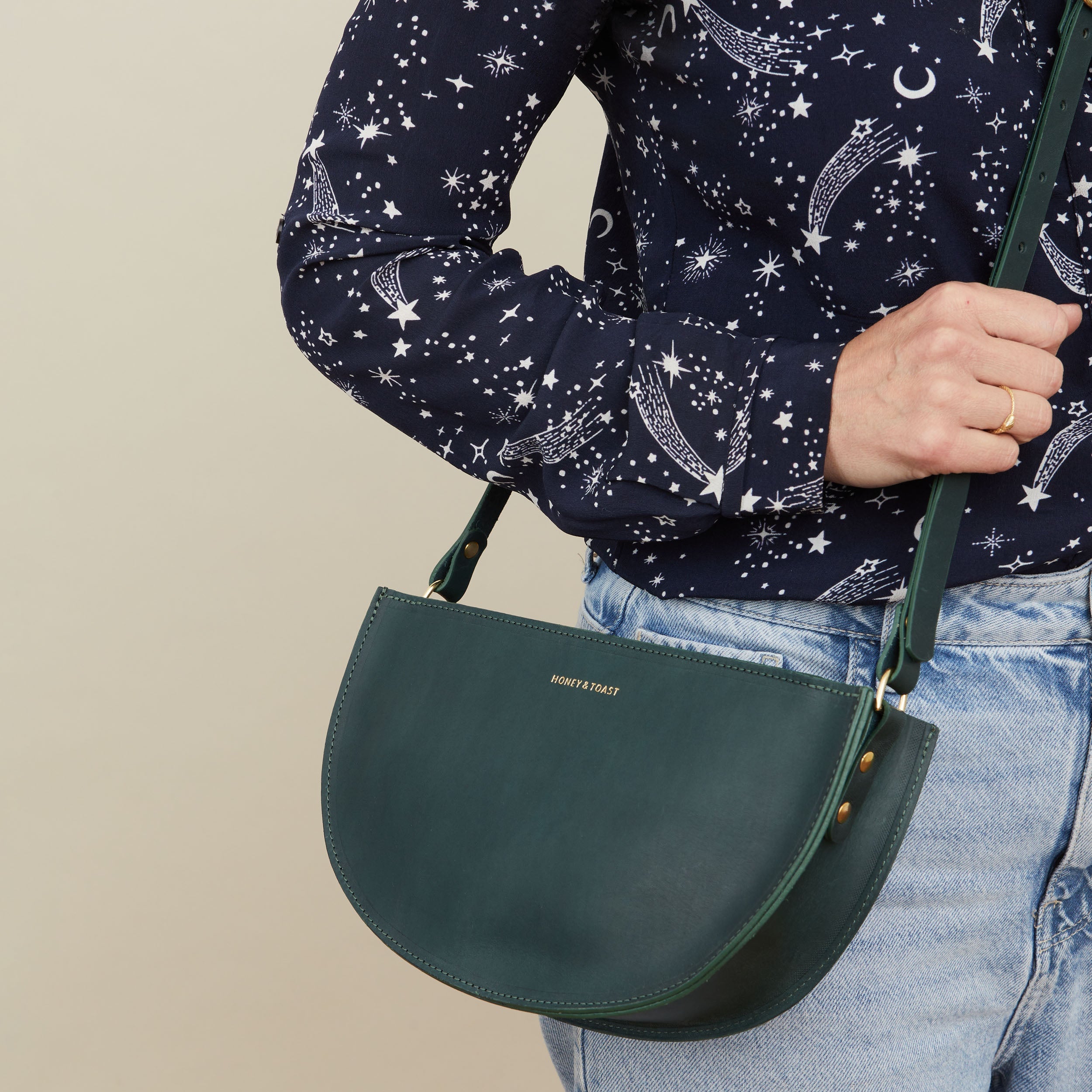 Honey and Toast women's leather handbag Large half moon bag pine