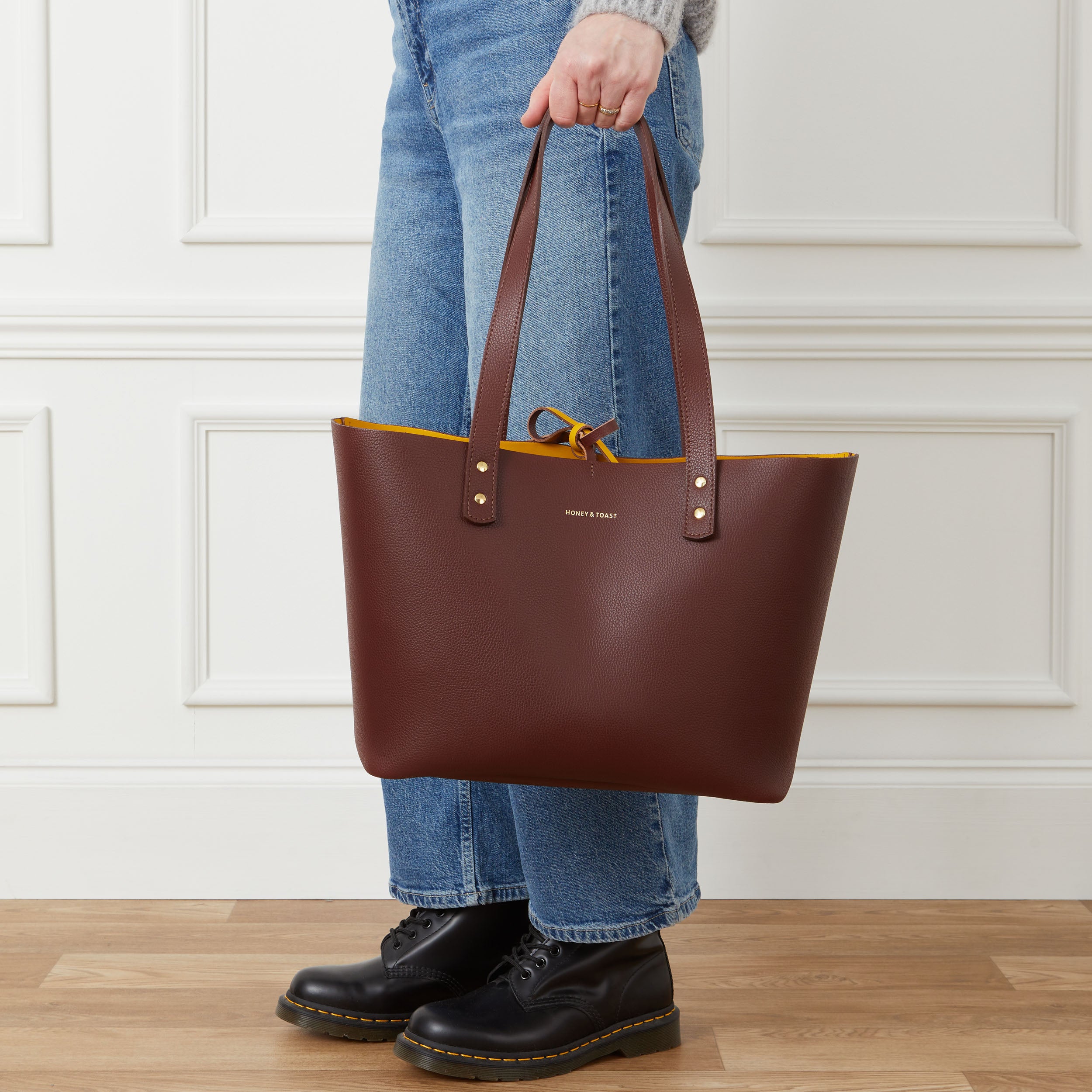 Honey and Toast women's leather handbag Russet tote bag tan and yellow