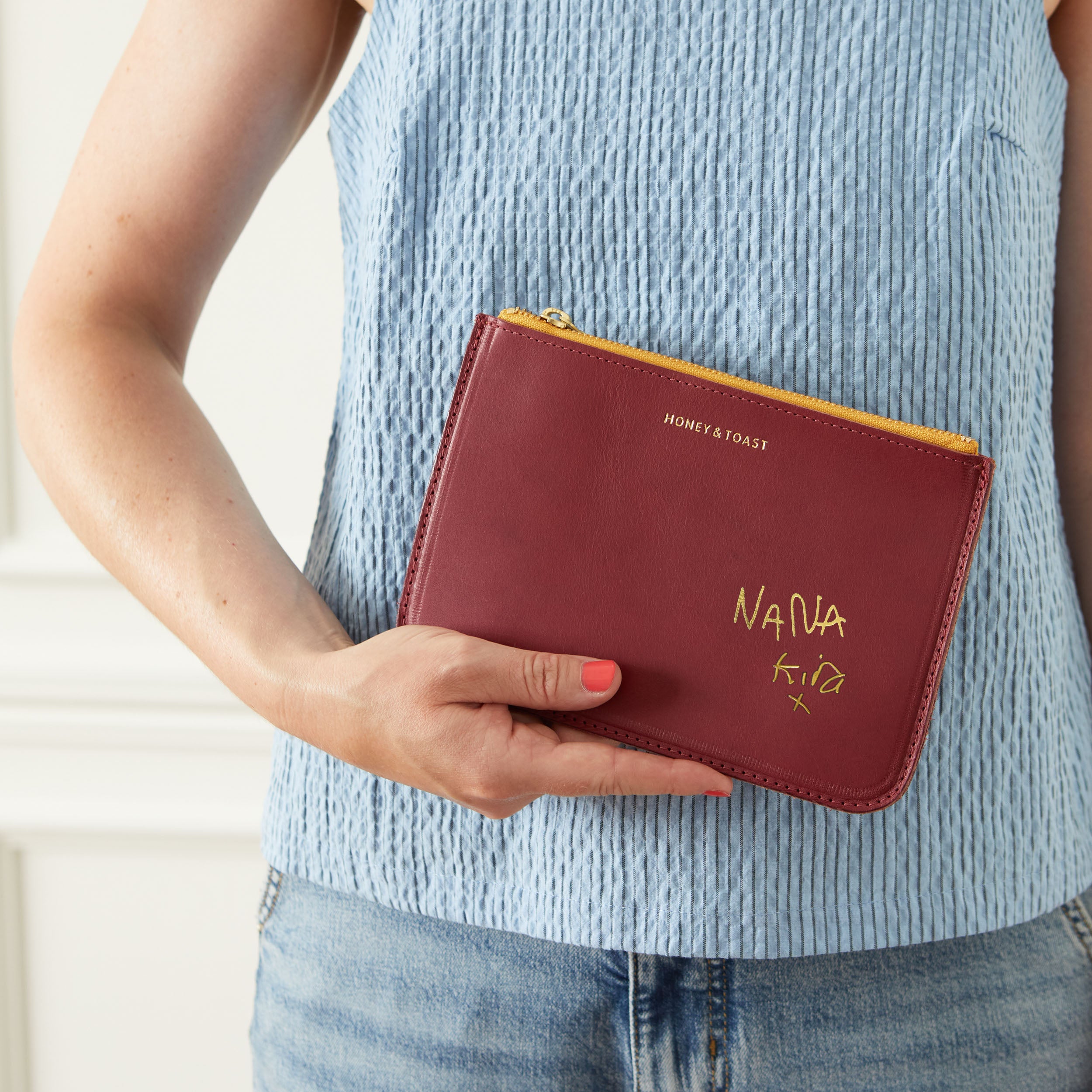 Honey and Toast women's leather purse Bailey zip top pouch raspberry pink with personalisation