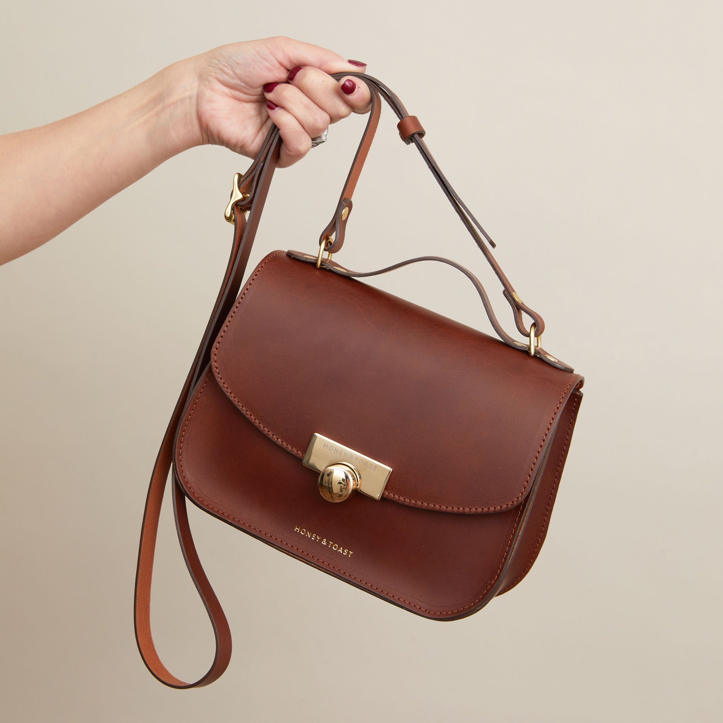 https://www.honeyandtoast.co.uk women's leather handbag Ava satchel conker