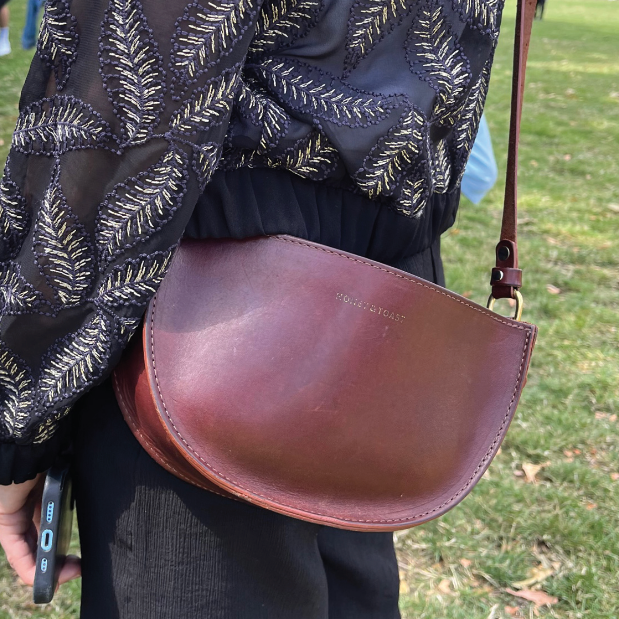 https://www.honeyandtoast.co.uk women's leather handbag Half moon bag conker