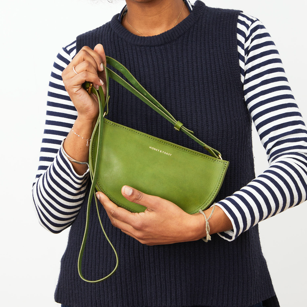 https://www.honeyandtoast.co.uk women's leather handbag Half moon bag fern
