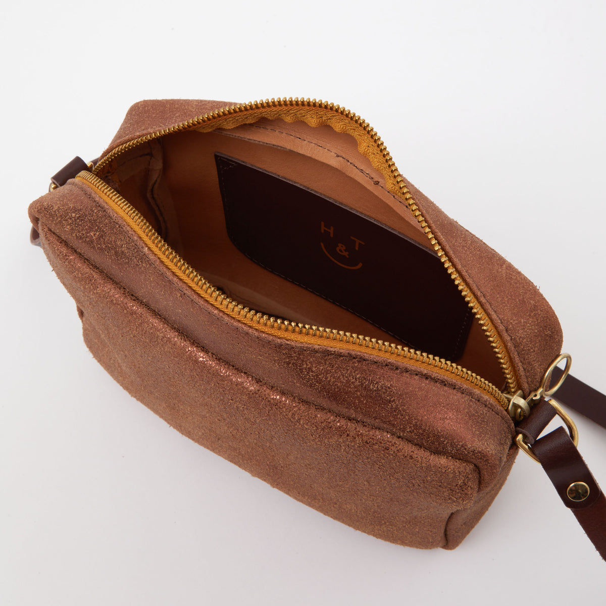 https://www.honeyandtoast.co.uk women's leather handbag Katie zip camera bag metallic bronze