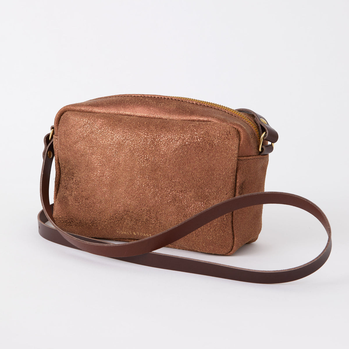 https://www.honeyandtoast.co.uk women's leather handbag Katie zip camera bag metallic bronze