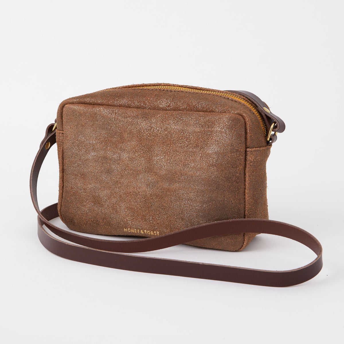 https://www.honeyandtoast.co.uk women's leather handbag Katie zip camera bag metallic pewter