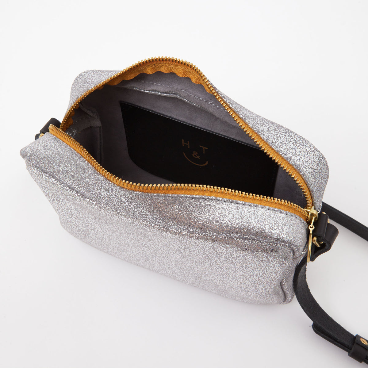 https://www.honeyandtoast.co.uk women's leather handbag Katie zip camera bag metallic silver