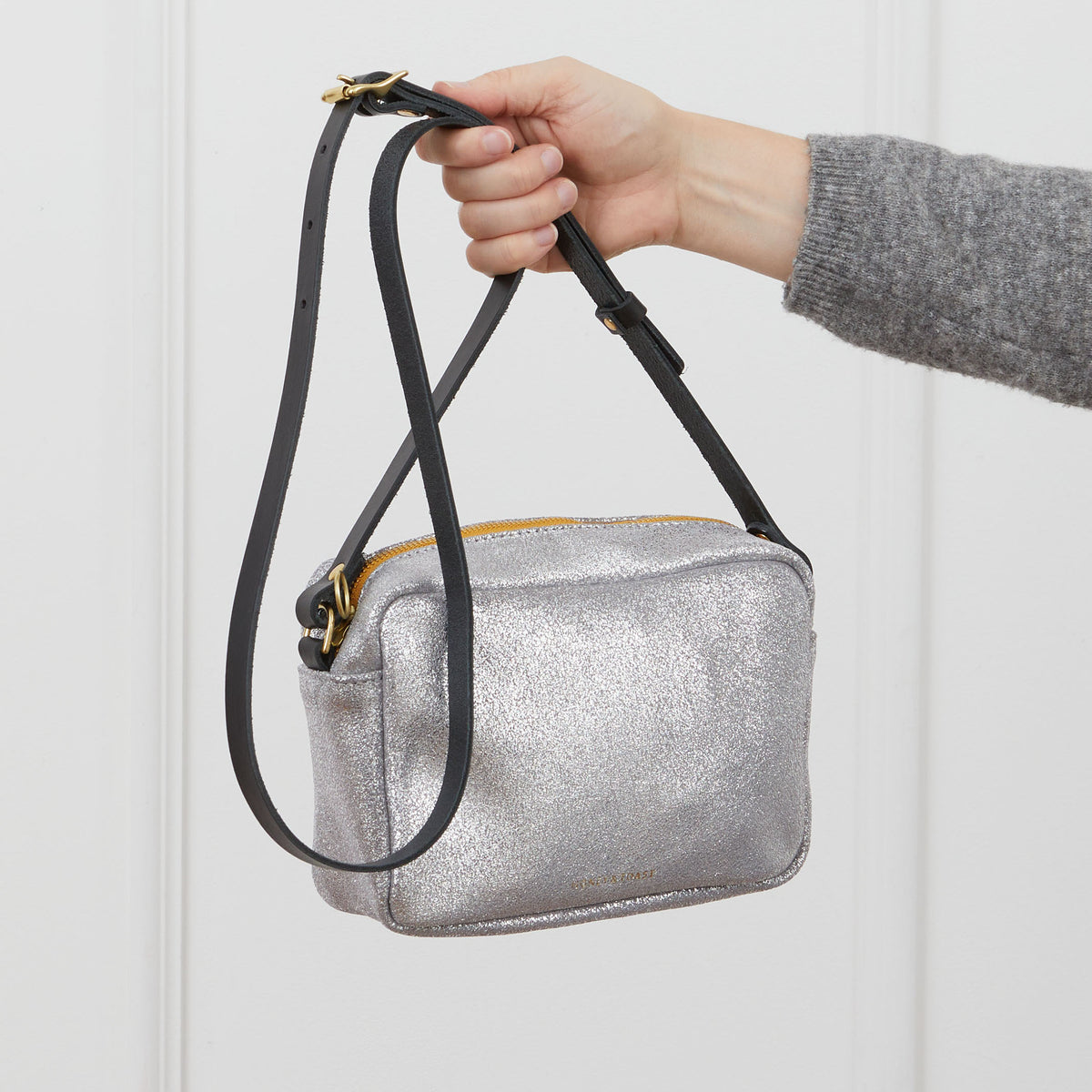 https://www.honeyandtoast.co.uk women's leather handbag Katie zip camera bag metallic silver