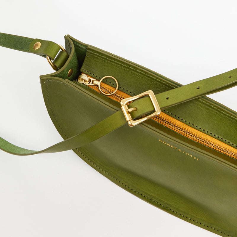 https://www.honeyandtoast.co.uk women's leather handbag Large half moon bag fern
