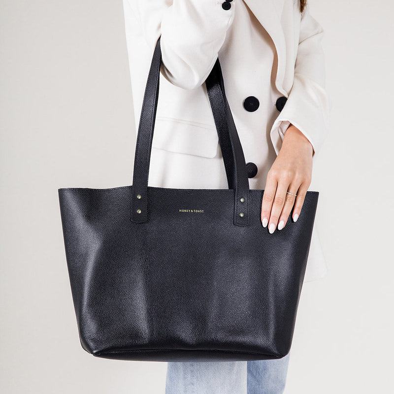 https://www.honeyandtoast.co.uk women's leather handbag Russet tote bag black