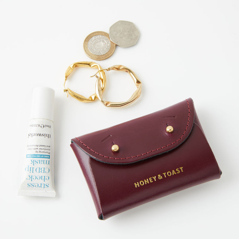 https://www.honeyandtoast.co.uk women's leather purse Jester card holder damson