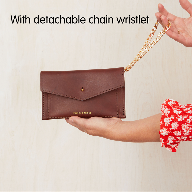 https://www.honeyandtoast.co.uk women's leather purse with chain handle Liberty purse conker