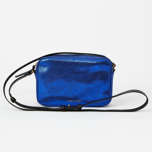 https://www.honeyandtoast.co.uk women's leather handbag Katie zip camera bag metallic cobalt blue