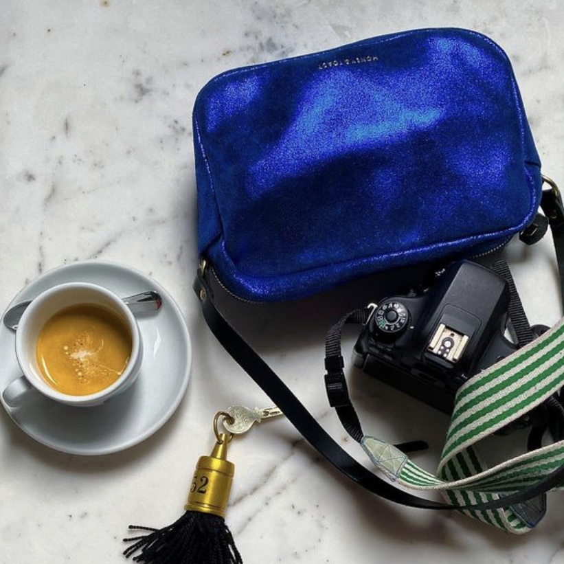 https://www.honeyandtoast.co.uk women's leather handbag Katie zip camera bag metallic cobalt blue