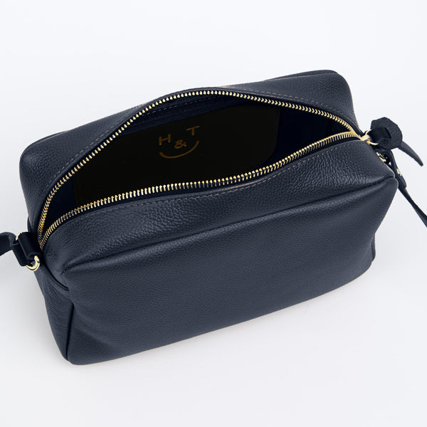 https://www.honeyandtoast.co.uk women's leather handbag Katie zip camera bag navy